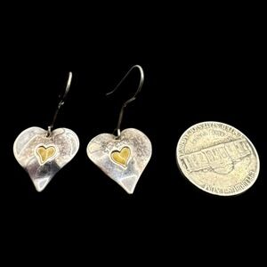 Handmade Sterling Silver Heart Earrings Gold Tone Accent Dangle Hook Back D14Q